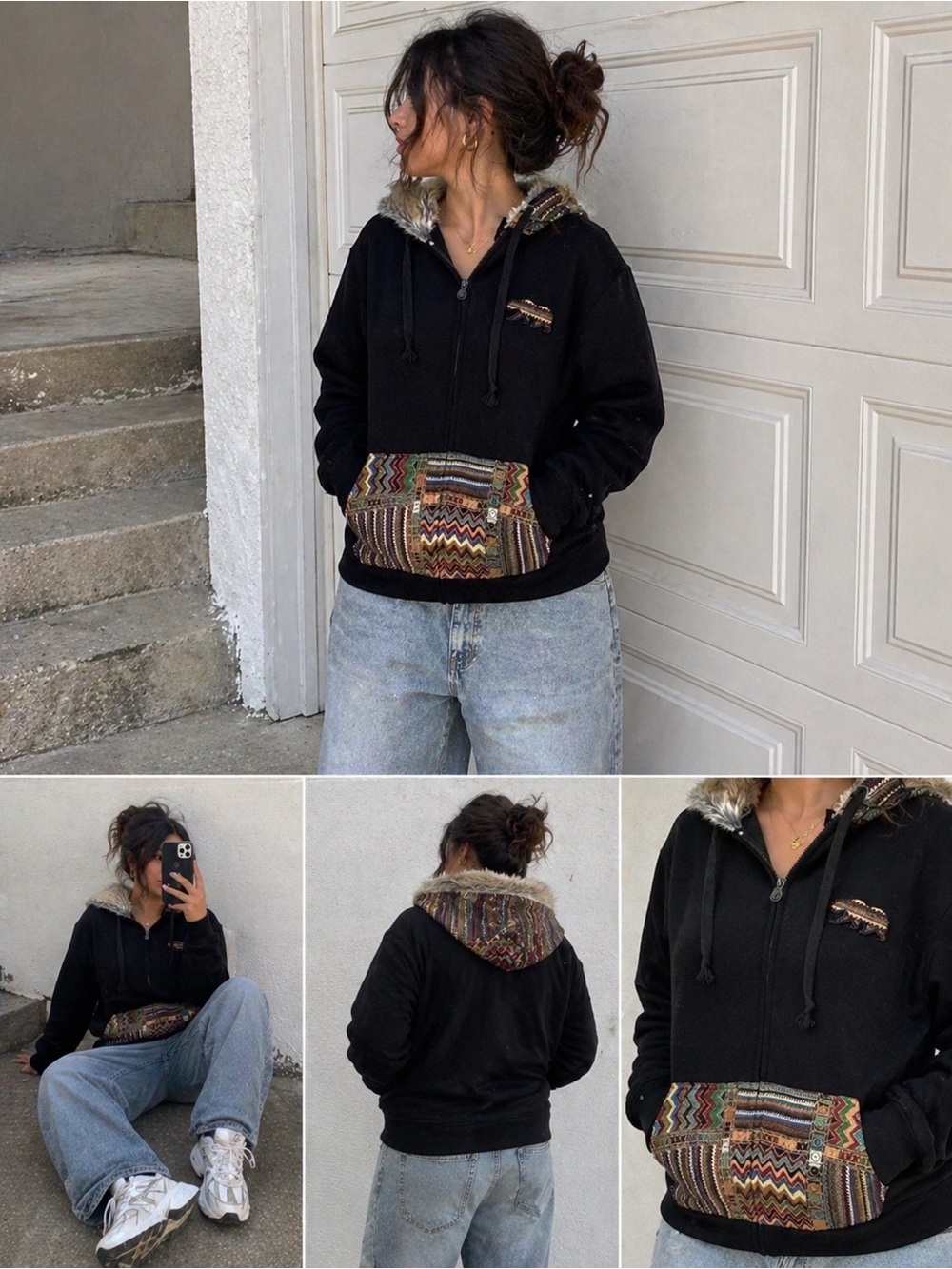 Grassroots California Tribal Pocket Hoodie Faux Fur Hood Zip Up M
